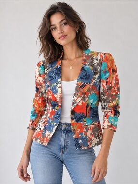 adL Women’s XS Multicolor Floral Blazer 3/4 Sleeve Cotton